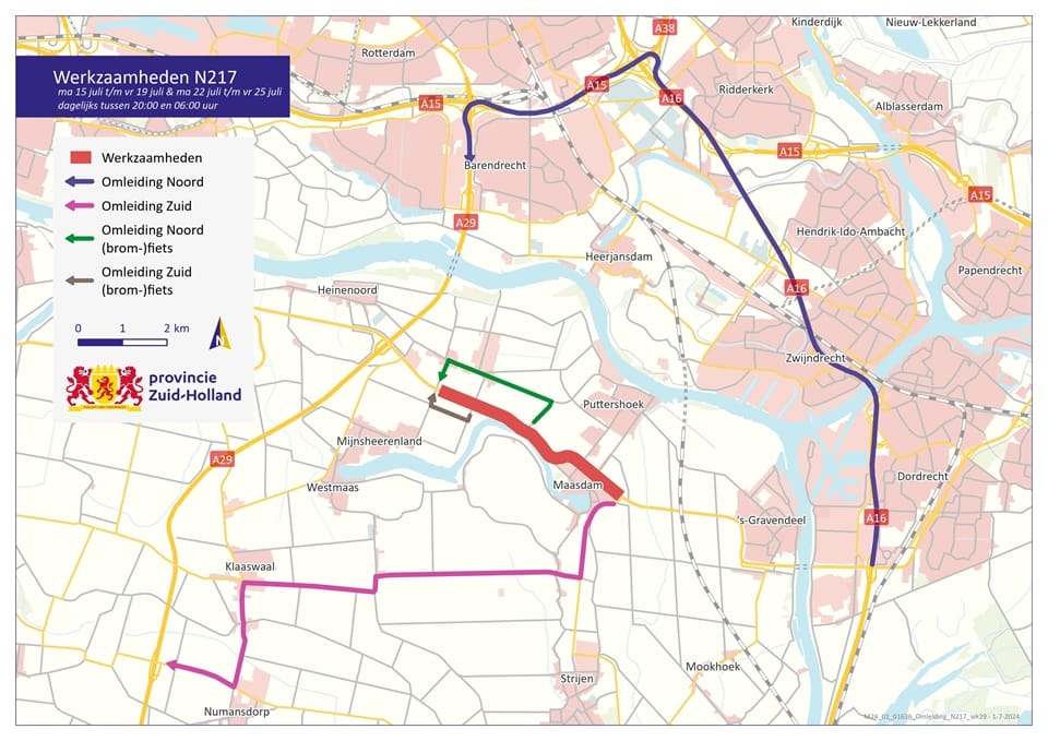 N217: werkzaamheden tussen Heinenoord en Maasdam van 15 tot 25 juli