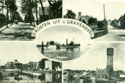 Een ansichtkaart uit de jaren veertig met karakteristieke beelden van ’s-Gravendeel, waaronder de Veerpont, de Bommestraat, de Voorstraat en de iconische watertoren. (Foto: Historische Vereniging ’s-Gravendeel)