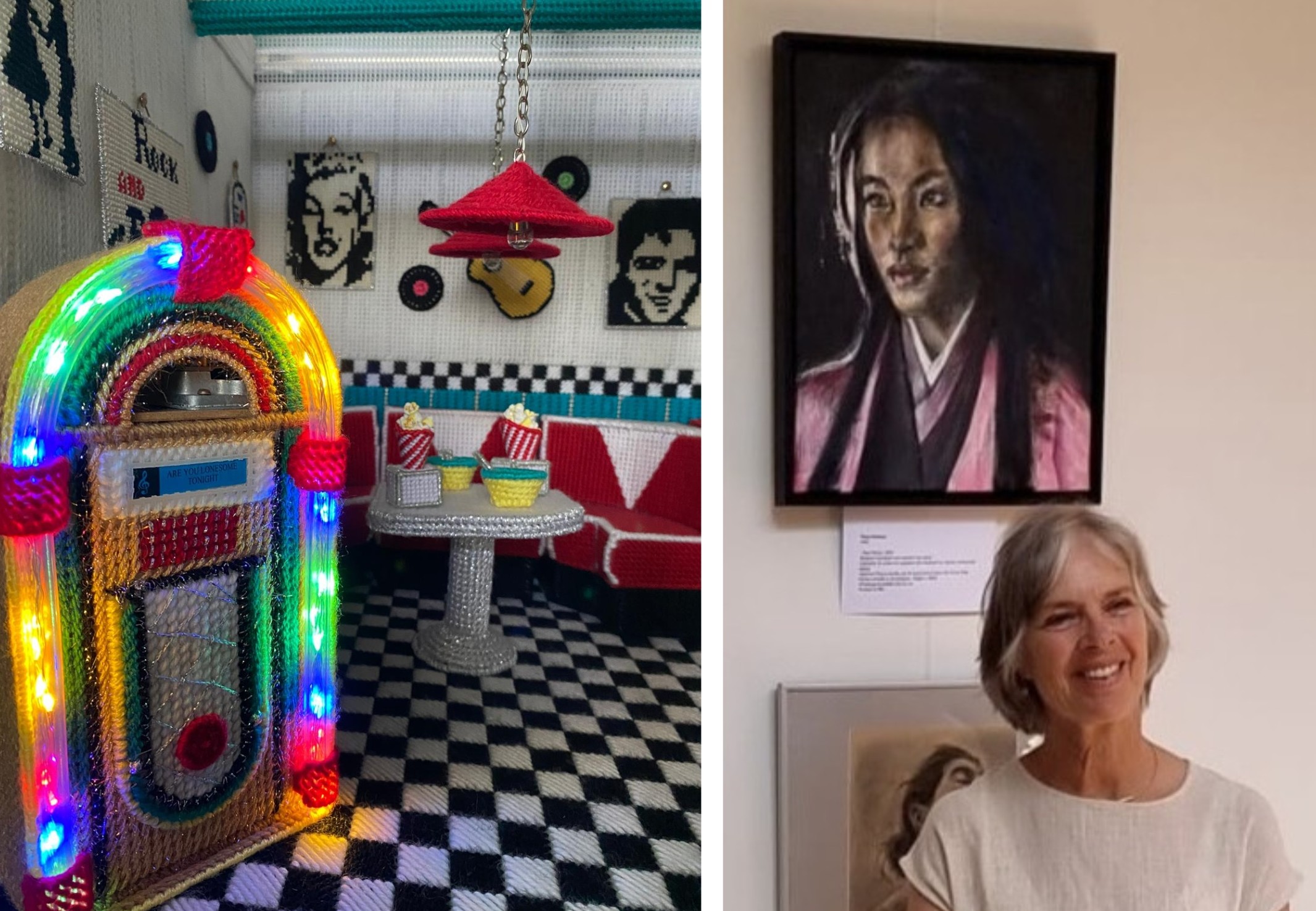 Expositie met 3D-canvasbouwwerken en pastelportretten in dorpshuis van Numansdorp