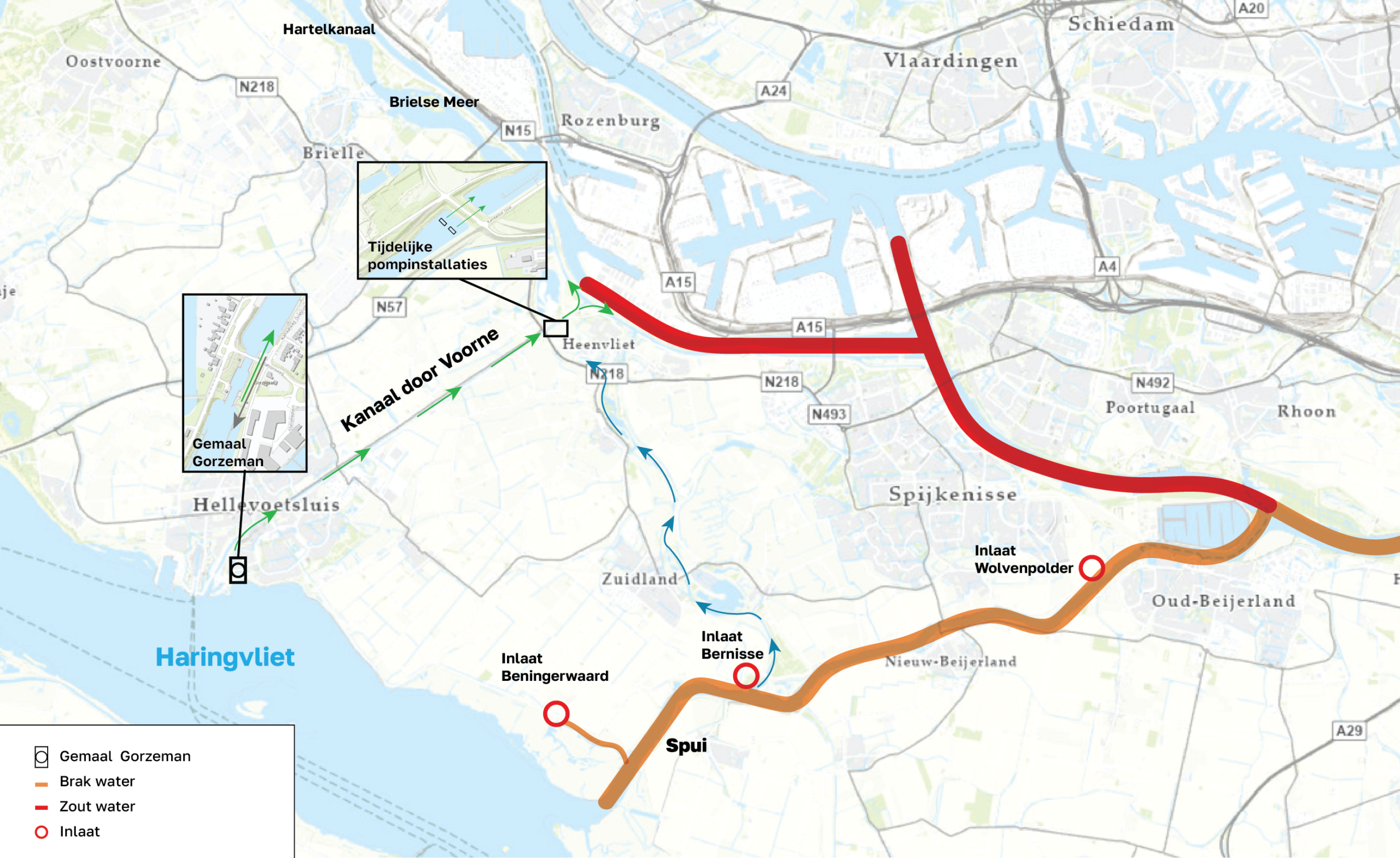 Kaart: Waterschap Hollandse Delta – alternatieve aanvoerroute voor zoet water.