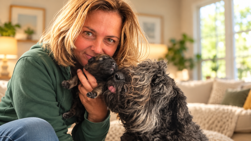De Hoeksche Boerin met bouvier Zivah en een pasgeboren puppy.